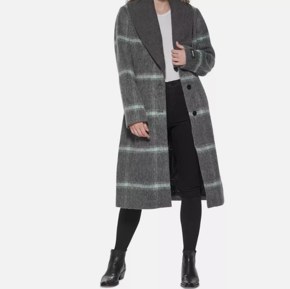 DKNY Women's Knit-Collar Belted Wrap Coat Charcoal Grey NEW - Picture 5 of 9